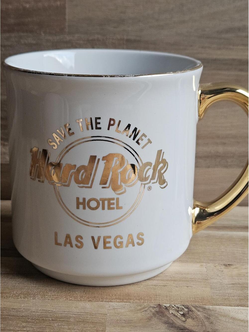 Hard Rock Hotel Las Vegas "Save The Planet" Gold Accent Coffee Mug 3.5 In